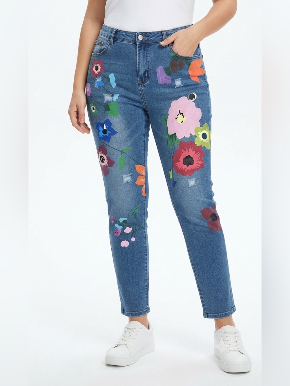MISSLOOK Women’s Blue Floral Appliqué Jeans Size XL